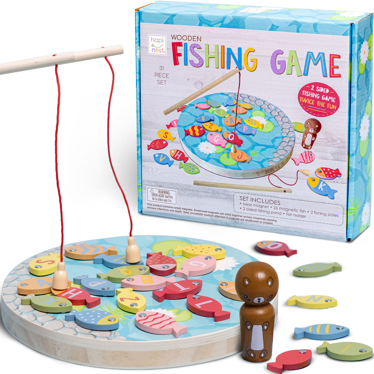 Mumoo Bear Magnetic Fishing Game Wooden Toy Fishing Game 60 Pieces